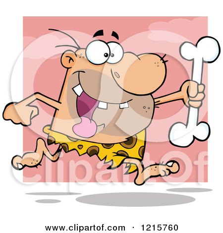 Clipart of a Caveman Running with a Big Bone over Pink and White - Royalty Free Vector Illustration by Hit Toon
