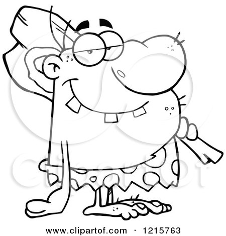 Clipart of an Outlined Caveman with a Club on His Shoulder - Royalty Free Vector Illustration by Hit Toon