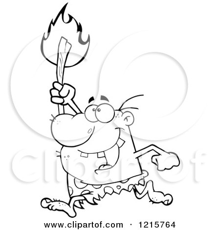 Clipart of an Outlined Caveman Running with a Torch - Royalty Free Vector Illustration by Hit Toon