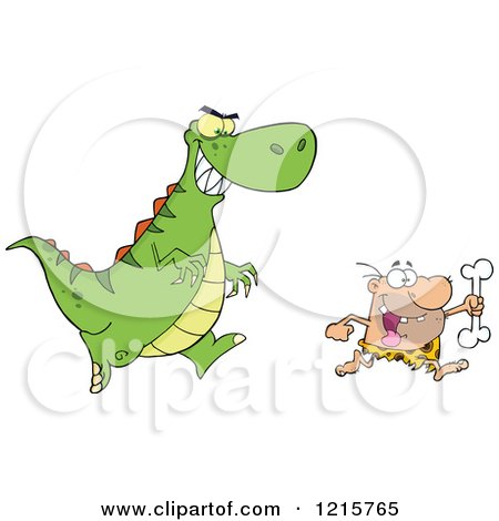 Clipart of a Dinosaur Chasing a Caveman with a Bone - Royalty Free Vector Illustration by Hit Toon
