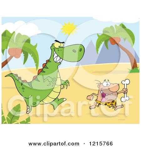 Clipart of a Dinosaur Chasing a Caveman with a Bone in a Landscape - Royalty Free Vector Illustration by Hit Toon