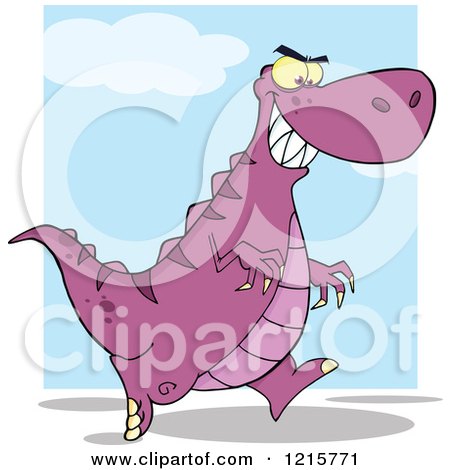 Clipart of a Running Purple Dinosaur over Blue and White - Royalty Free Vector Illustration by Hit Toon