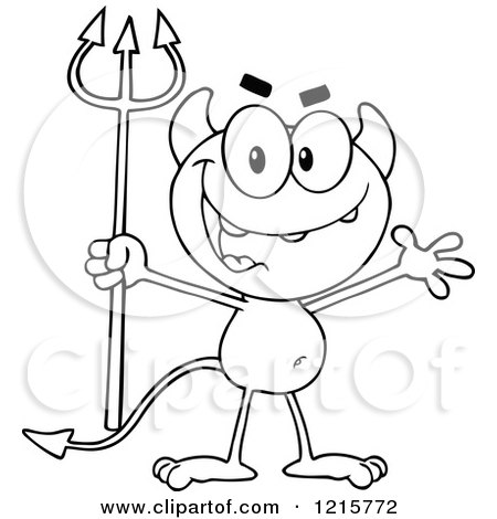 Clipart of an Outlined Devil Waving and Holding a Pitchfork - Royalty Free Vector Illustration by Hit Toon