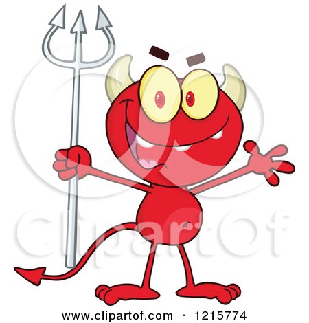 Clipart of a Red Devil Waving and Holding a Pitchfork - Royalty Free Vector Illustration by Hit Toon