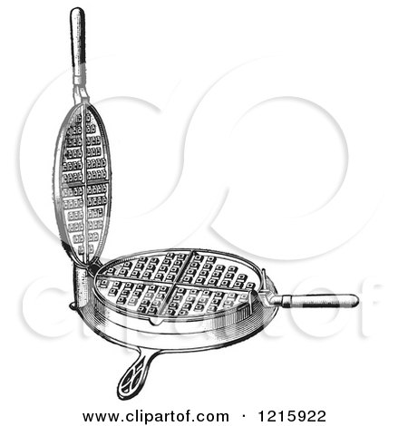 Vintage Clipart of a Retro Antique Coal Range Waffle Griddle in Black and White - Royalty Free Vector Illustration by Picsburg