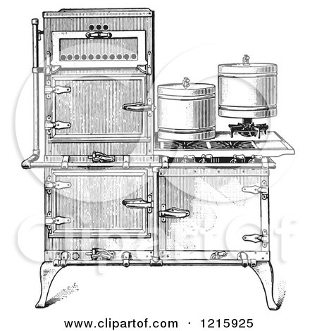 Vintage Clipart of a Retro Antique Fireless Cooking Gas Stove in Black and White - Royalty Free Vector Illustration by Picsburg