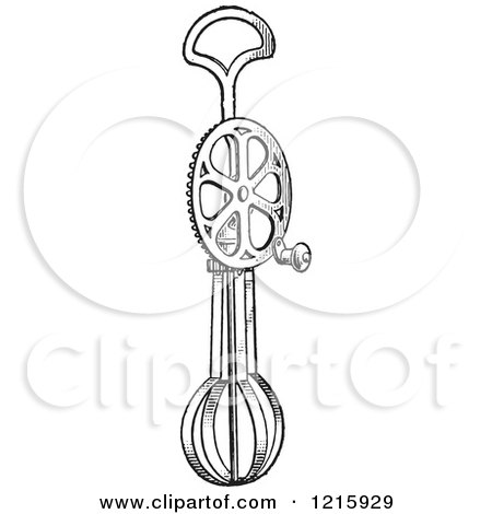 Vintage Clipart of a Retro Antique Rotary Egg Beater in Black and White - Royalty Free Vector Illustration by Picsburg