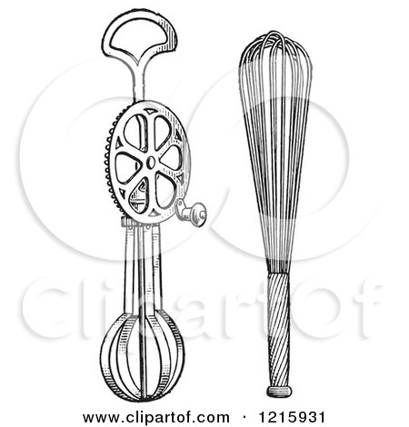 Vintage Clipart of a Retro Antique Rotary Egg Beater and Whip in Black and White - Royalty Free Vector Illustration by Picsburg