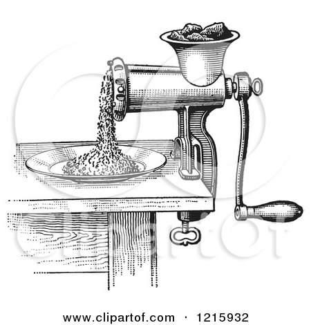 Vintage Clipart of a Retro Antique Meat Grinder or Chopper in Black and White - Royalty Free Vector Illustration by Picsburg
