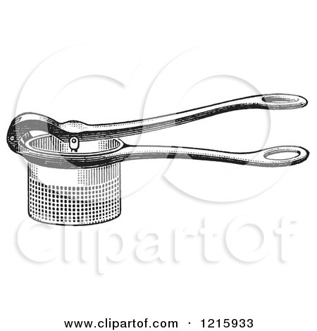 Vintage Clipart of a Retro Antique Potato Ricer Kitchen Utensil in Black and White - Royalty Free Vector Illustration by Picsburg