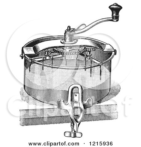 Vintage Clipart of a Retro Antique Cake Mixer in Black and White - Royalty Free Vector Illustration by Picsburg
