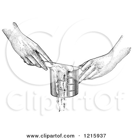 Vintage Clipart of Hands Leveling off a Measuring Cup with a Knife in Black and White - Royalty Free Vector Illustration by Picsburg