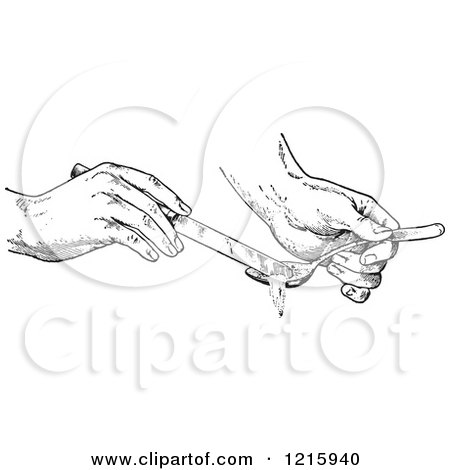 Vintage Clipart of Hands Removing Half a Spoon Full of an Ingredient with a Knife in Black and White - Royalty Free Vector Illustration by Picsburg