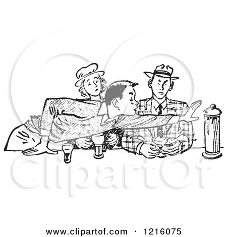 Vintage Clipart of a Retro Teenage Couple and Rude Boy Reaching Across a Table in Black and White - Royalty Free Vector Illustration by Picsburg