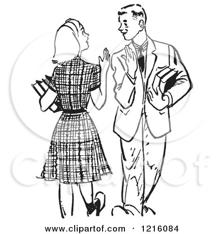 Vintage Clipart of a Retro Teenage High School Couple Waving While Passing at School in Black and White - Royalty Free Vector Illustration by Picsburg