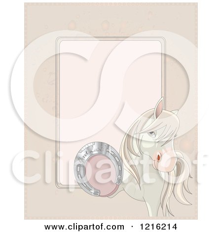 Clipart of a Horse Holding up a Lucky Horseshoe with Copyspace - Royalty Free Vector Illustration by Pushkin