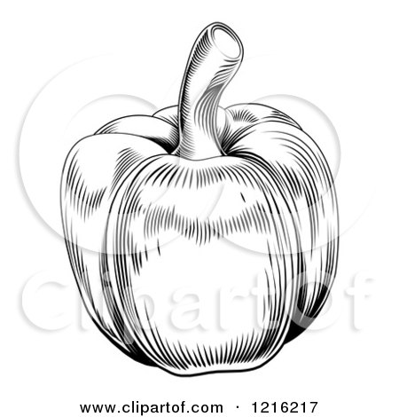 Clipart of a Vintage Woodcut Styled Bell Pepper in Black and White - Royalty Free Vector Illustration by AtStockIllustration