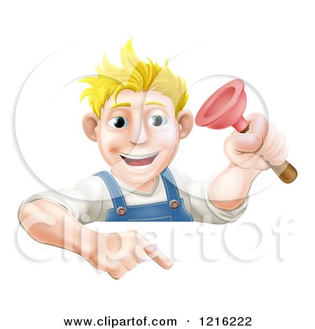 Clipart of a Happy Young Blond Plumber Holding a Plunger and Pointing down at a Sign - Royalty Free Vector Illustration by AtStockIllustration
