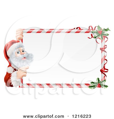 Clipart of a Candy Cane Christmas Sign with Santa and Holly - Royalty Free Vector Illustration by AtStockIllustration