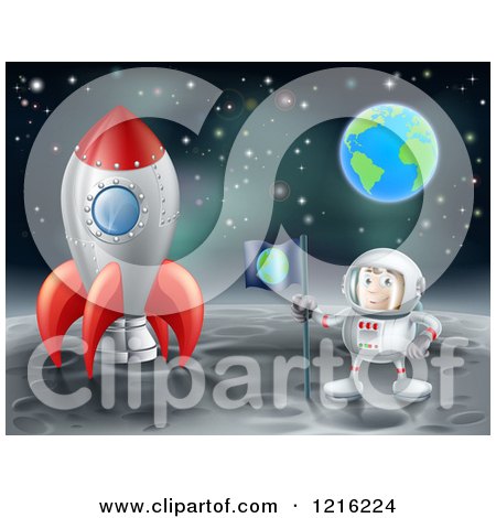 Clipart of an Astronaut with a Flag, Standing on the Moon by a Rocket with Earth in the Distance - Royalty Free Vector Illustration by AtStockIllustration