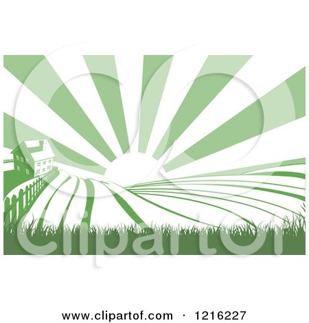 Clipart of a Farm House and Rolling Hills with Sunshine in Green and White - Royalty Free Vector Illustration by AtStockIllustration