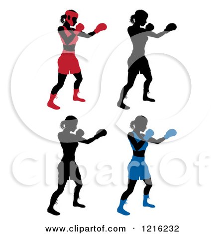 Clipart of Silhouetted Female Boxers in Different Colored Gear - Royalty Free Vector Illustration by AtStockIllustration