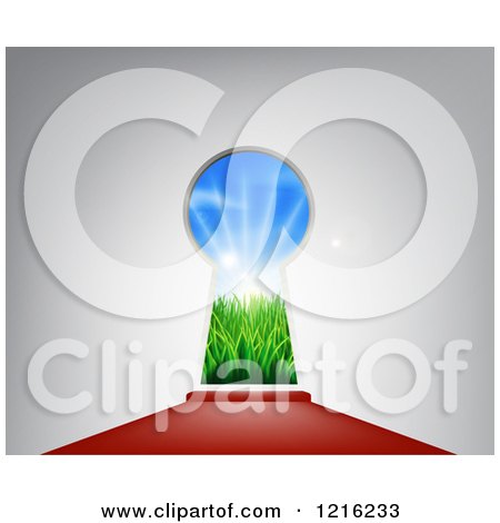 Clipart of a Red Carpet Leading to a Key Hole with an Idyllic Field with Sunshine and Grass - Royalty Free Vector Illustration by AtStockIllustration