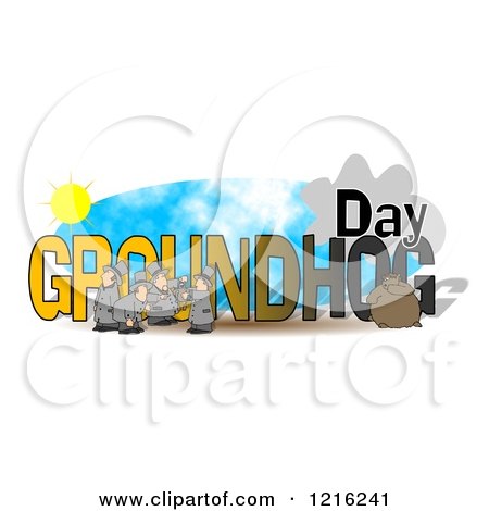 Clipart of GROUNDHOG DAY Text with Men and Punxsutawney Phil - Royalty Free Illustration by djart