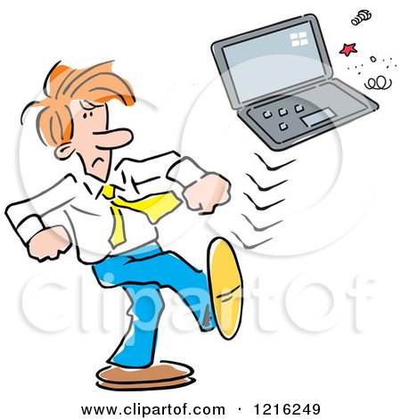 Clipart of a Frustrated Businessman Kicking a Laptop - Royalty Free Vector Illustration by Johnny Sajem