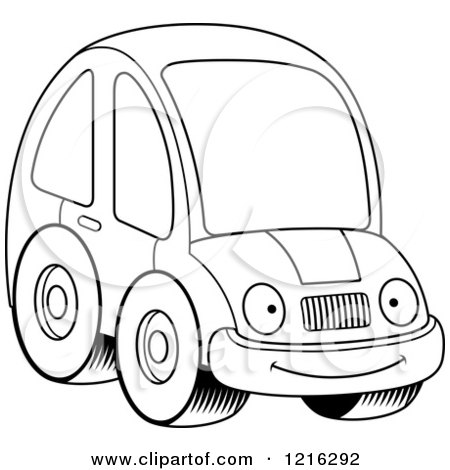 Clipart of a Black And White Smiling Compact Car Character - Royalty Free Vector Illustration by Cory Thoman