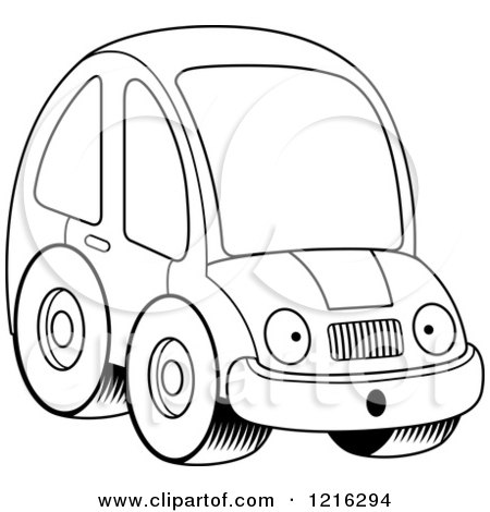Clipart of a Black And White Surprised Compact Car Character - Royalty Free Vector Illustration by Cory Thoman