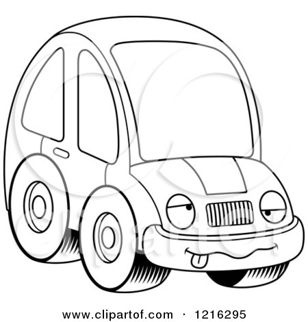 Clipart of a Black And White Drunk Compact Car Character - Royalty Free Vector Illustration by Cory Thoman