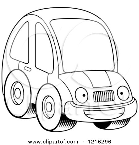 Clipart of a Black And White Grinning Compact Car Character - Royalty Free Vector Illustration by Cory Thoman