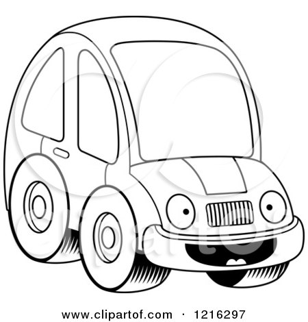 Clipart of a Black And White Happy Compact Car Character - Royalty Free Vector Illustration by Cory Thoman