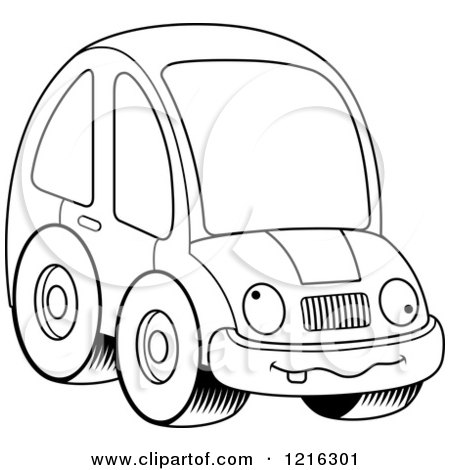 Clipart of a Black And White Goofy Compact Car Character - Royalty Free Vector Illustration by Cory Thoman