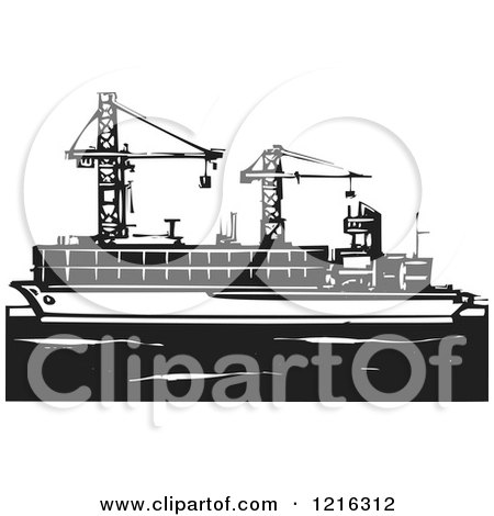 Clipart of a Woodcut Container Ship with Rigs, in Black and White - Royalty Free Vector Illustration by xunantunich