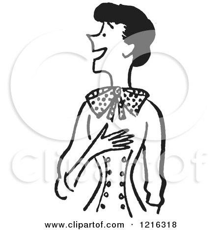 Cartoon of a Retro Jolly Lady Touching Her Chest, in Black and White - Royalty Free Vector Clipart by Picsburg