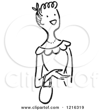 Cartoon of a Retro Happy Lady with a Purse on Her Wrist, in Black and White - Royalty Free Vector Clipart by Picsburg