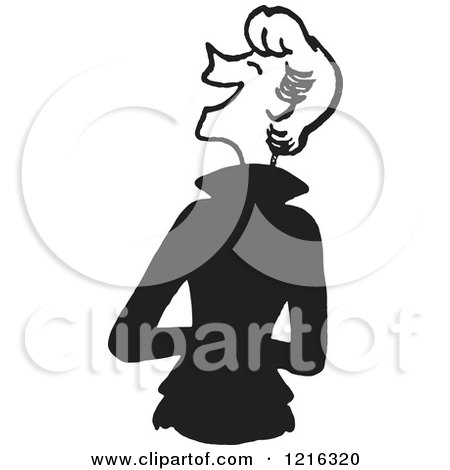 Cartoon of a Retro Rear View of a Jolly Lady Laughing, in Black and White - Royalty Free Vector Clipart by Picsburg