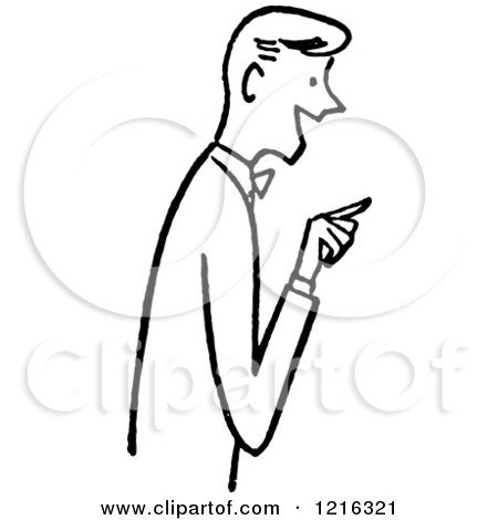 Cartoon of a Retro Friendly Man Pointing While Talking, in Black and White - Royalty Free Vector Clipart by Picsburg