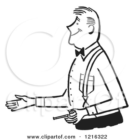 Cartoon of a Retro Gentleman Holding a Pipe and Reaching out to Shake Hands During an Introduction, in Black and White - Royalty Free Vector Clipart by Picsburg