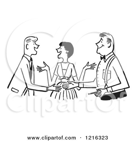 Cartoon of a Retro Lady Politely Introducing Two Men, in Black and White - Royalty Free Vector Clipart by Picsburg