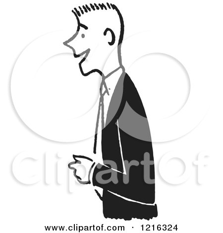 Cartoon of a Retro Friendly Man Smiling, in Black and White - Royalty Free Vector Clipart by Picsburg