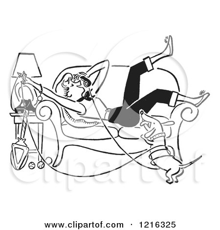 Cartoon of a Retro Weiner Dog and Teen Girl Laying on a Couch While Talking on a Landline Telephone, in Black and White - Royalty Free Vector Clipart by Picsburg