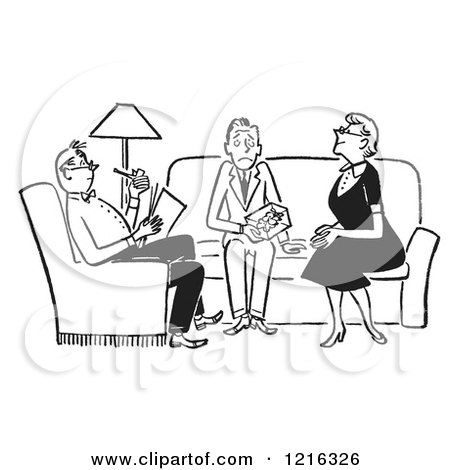 Cartoon of a Retro Nervous Teenage Boy Being Grilled by the Parents of His Date, in Black and White - Royalty Free Vector Clipart by Picsburg