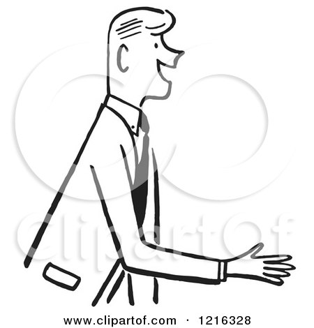 Cartoon of a Retro Salesman or Gentleman Reaching out to Shake Hands During an Introduction, in Black and White - Royalty Free Vector Clipart by Picsburg