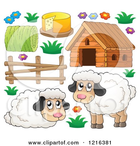 Clipart of Happy Sheep and Barnyard Items - Royalty Free Vector Illustration by visekart