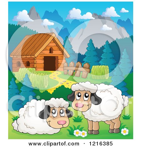 Clipart of a Happy Sheep in a Mountainous Barnyard - Royalty Free Vector Illustration by visekart