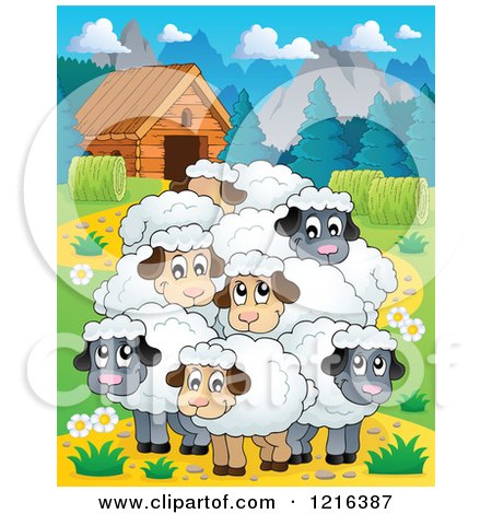 Clipart of a Happy Flock of Sheep in a Barnyard - Royalty Free Vector Illustration by visekart