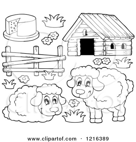 Clipart of Outlined Happy Sheep and Barnyard Items - Royalty Free Vector Illustration by visekart